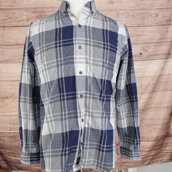 VAN HEUSEN ORIGINALS SLIM FIT BLUE GREY PLAID BUTTON DOWN SHIRT MENS M 15-15.5 - Picture 2 of 5